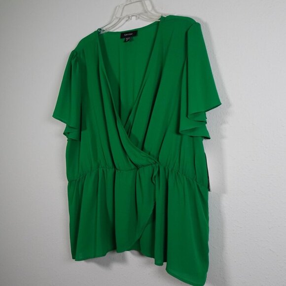 Karen Kane Faux Wrap Top Women's Plus Size 3X Green Flutter Sleeve Surplice - Picture 3 of 10